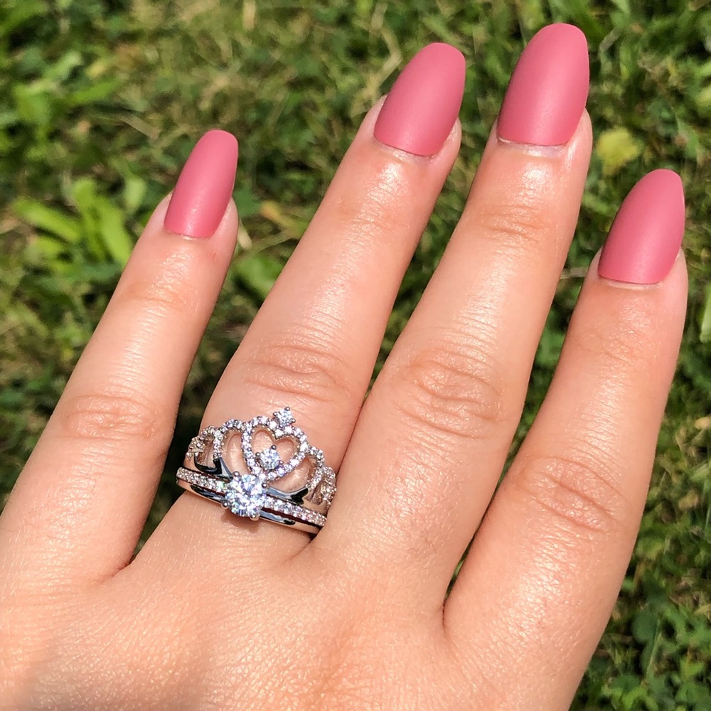 925 Sterling Silver Crown CZ Engagement Ring Set
